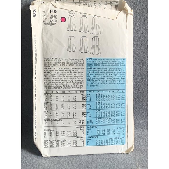 Vintage Vogue Patterns 9328 Misses Skirt Sewing Pattern Size 14-18 uncut - Picture 2 of 2